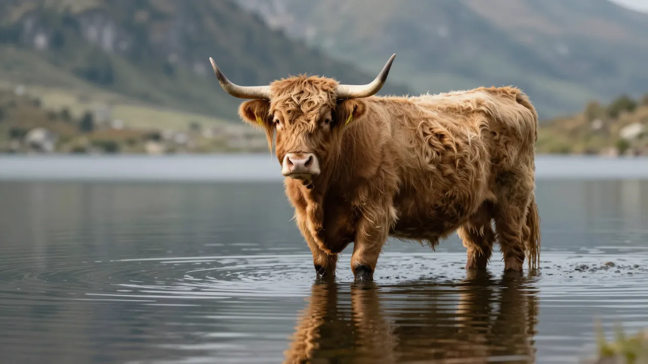 A shaggy highland cow stands knee-deep in calm still mountain lake water with distant hazy mountains behind it.