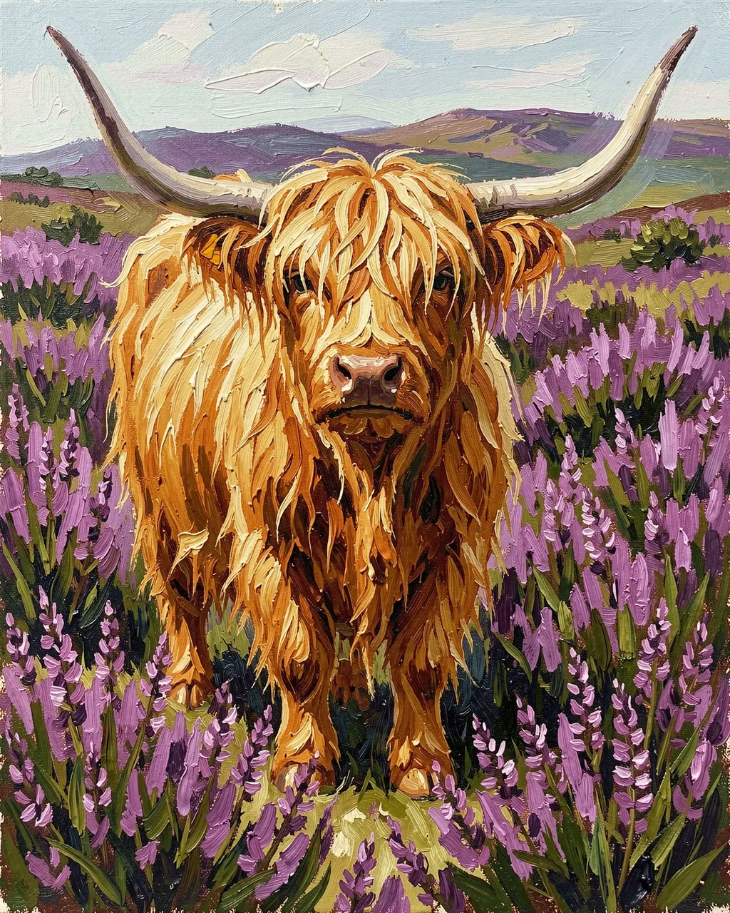 Impasto oil painting of a ginger highland cow standing in blooming purple heather with distant highland hills behind it