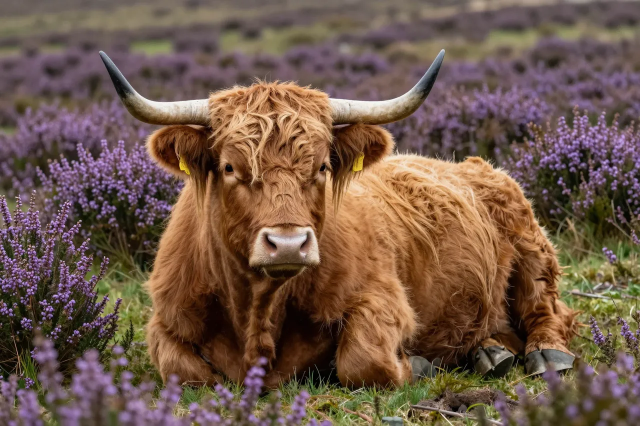 A shaggy brown highland cow lies resting among vibrant purple heather on a moorland