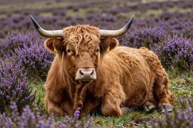 A shaggy brown highland cow lies resting among vibrant purple heather on a moorland