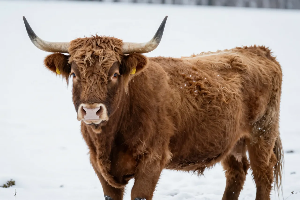 A shaggy brown highland cow with horns stands facing the camera in a snowy winter field