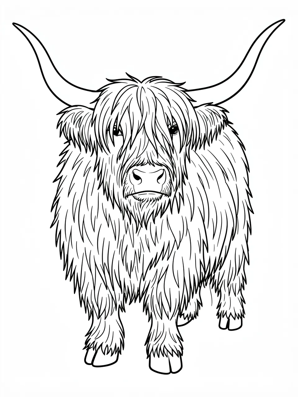 Clean black line art of a shaggy highland cow with long curved horns on a plain white background
