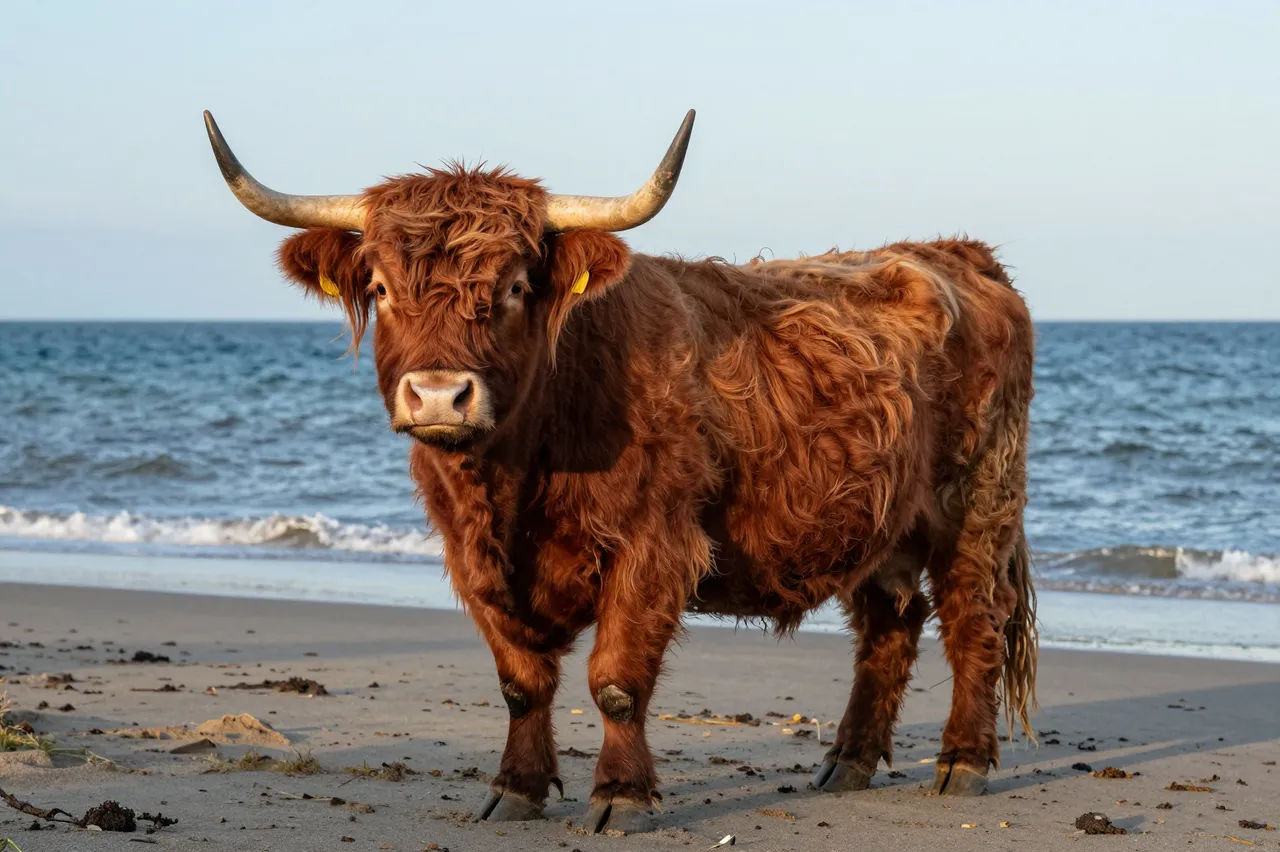 Shaggy red highland cow stands on a sandy shore beside the ocean in warm evening light.