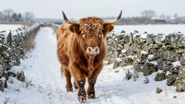 A shaggy brown highland cow stands on a snow-covered stone-walled farm path under overcast skies