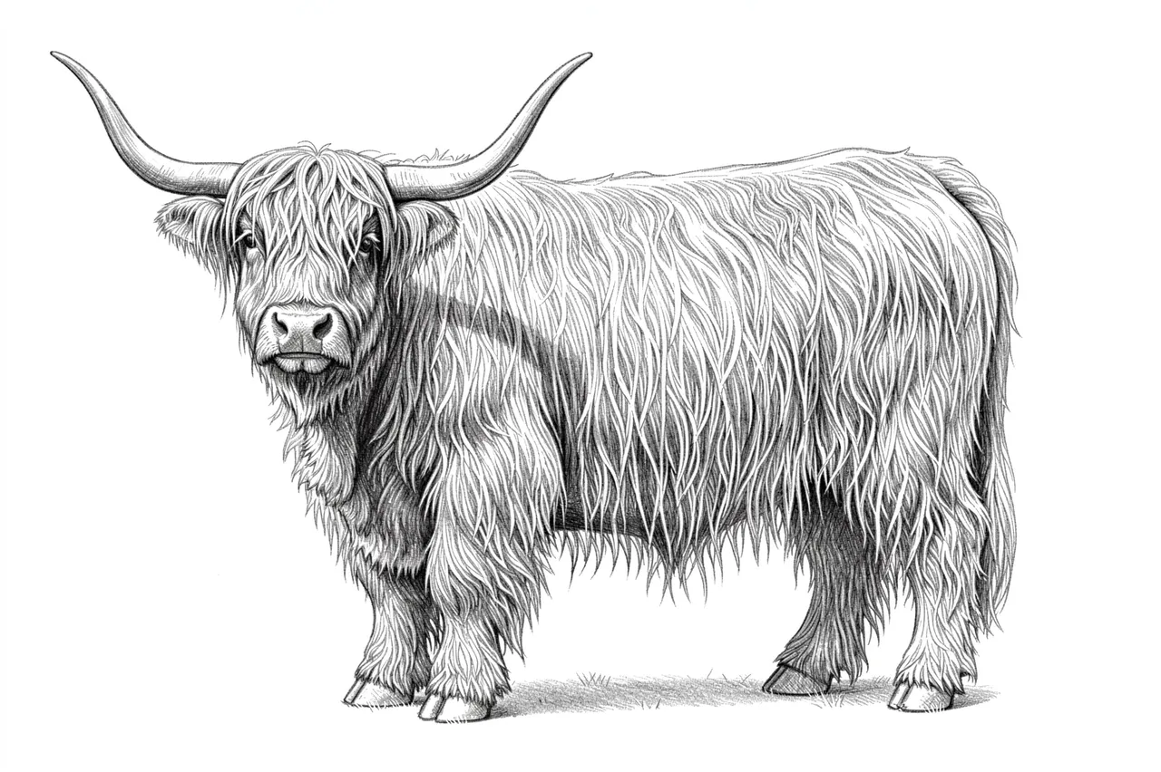 Detailed graphite hatching sketch of a long shaggy coated highland cow standing on plain white paper