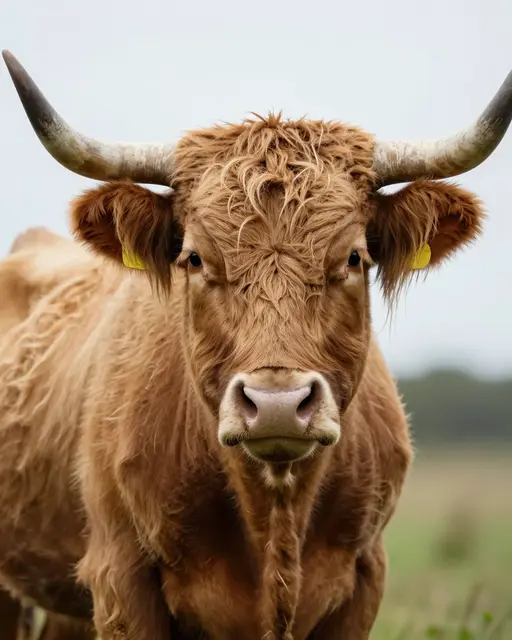 A shaggy brown highland cow with large curved horns looks directly at the camera