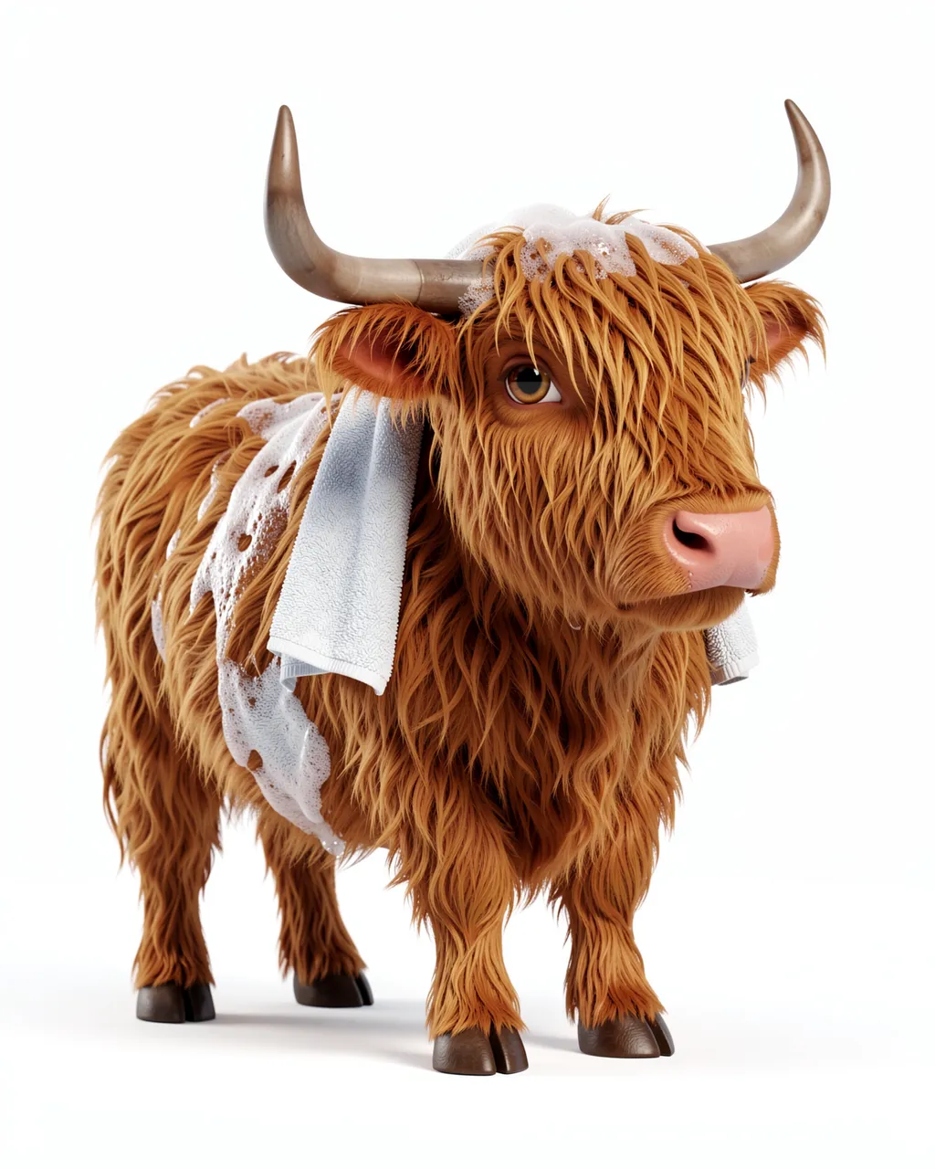 Cute fluffy 3D highland cow with bath suds and a towel draped over its shoulder on a plain white background