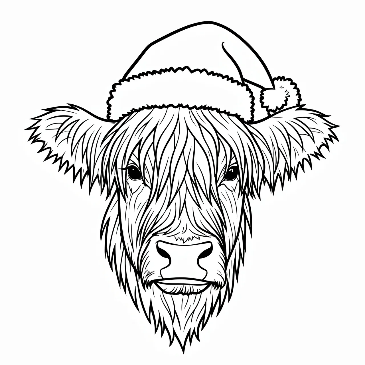 Black and white line art of a shaggy highland cow head wearing a Santa hat on a white background