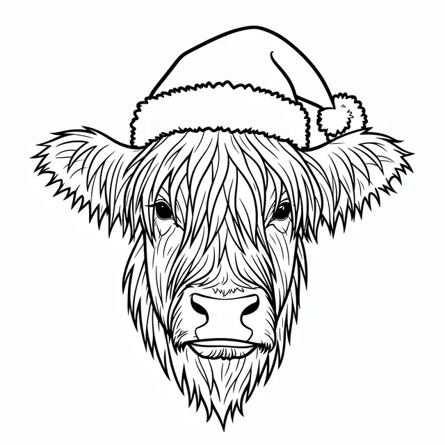 Black and white line art of a shaggy highland cow head wearing a Santa hat on a white background