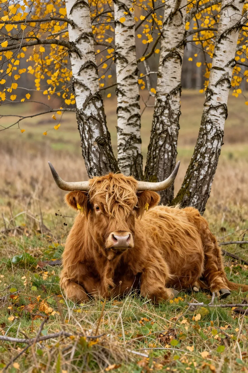 A shaggy brown highland cow rests on grass beneath golden autumn birch trees