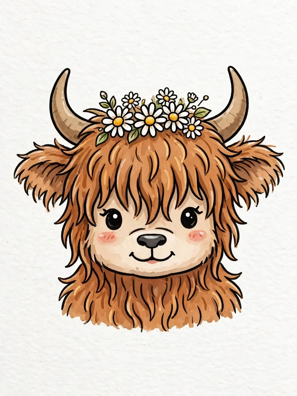Cute cartoon highland cow head with shaggy brown fur and daisies between its horns on textured white paper