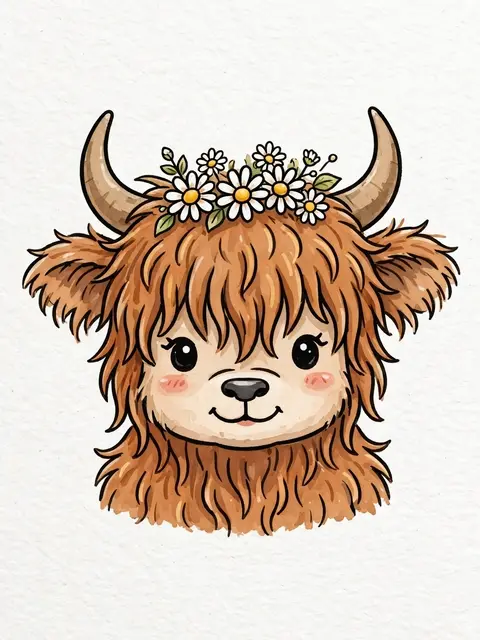 Cute cartoon highland cow head with shaggy brown fur and daisies between its horns on textured white paper