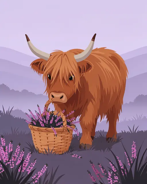 Cute fluffy highland cow holds a wicker basket of heather on a misty purple hillside