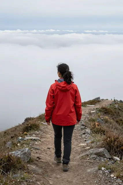 A woman in a red rain jacket walks along a high mountain ridge trail overlooking a thick sea of clouds