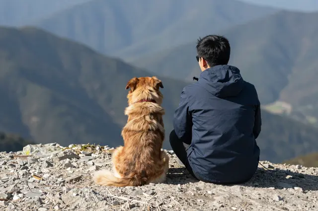 A man and his fluffy brown dog sit side by side on a rocky mountain peak overlooking distant ranges