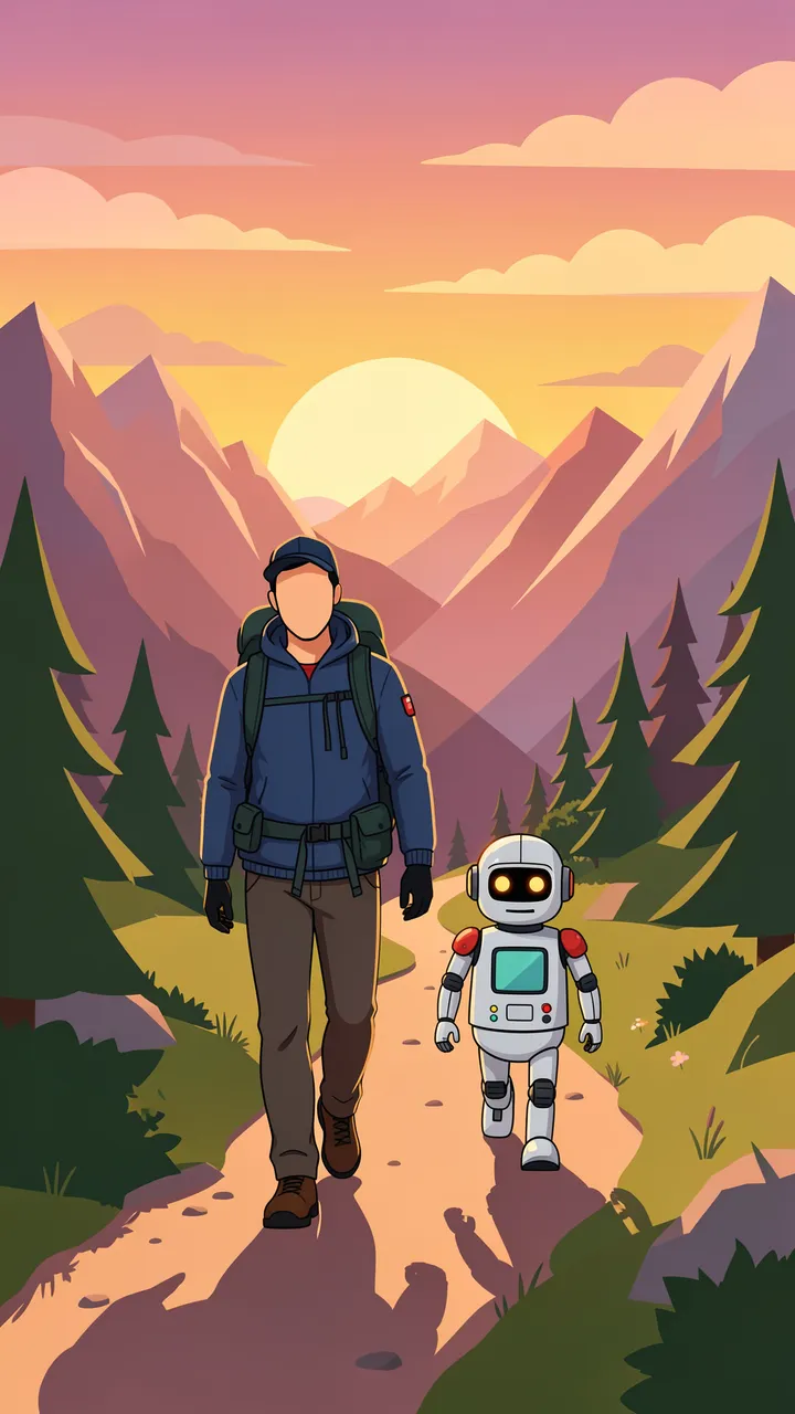 A faceless hiker and small friendly robot walk along a mountain trail at sunrise.