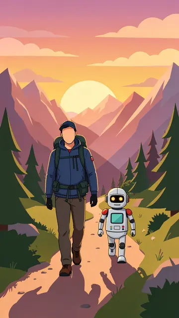 A faceless hiker and small friendly robot walk along a mountain trail at sunrise.