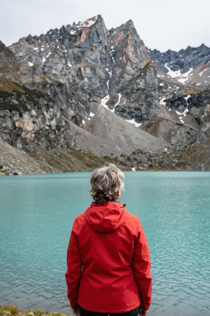 Back view of an older woman in a red jacket standing before a turquoise alpine lake and jagged snow-dusted peaks