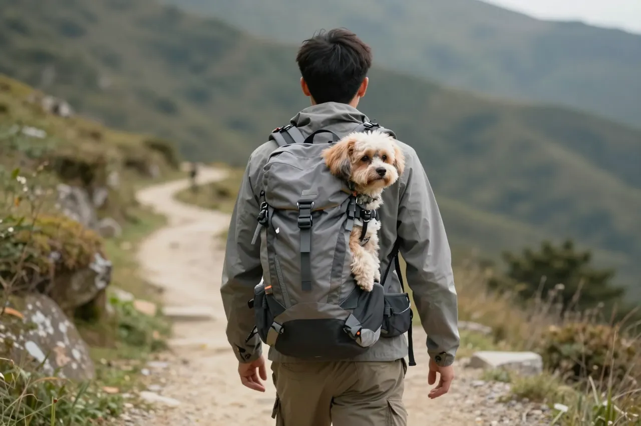 A back view of a hiker walking on a dirt mountain trail with a small dog peeking out of his backpack