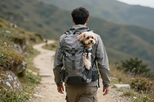 A back view of a hiker walking on a dirt mountain trail with a small dog peeking out of his backpack