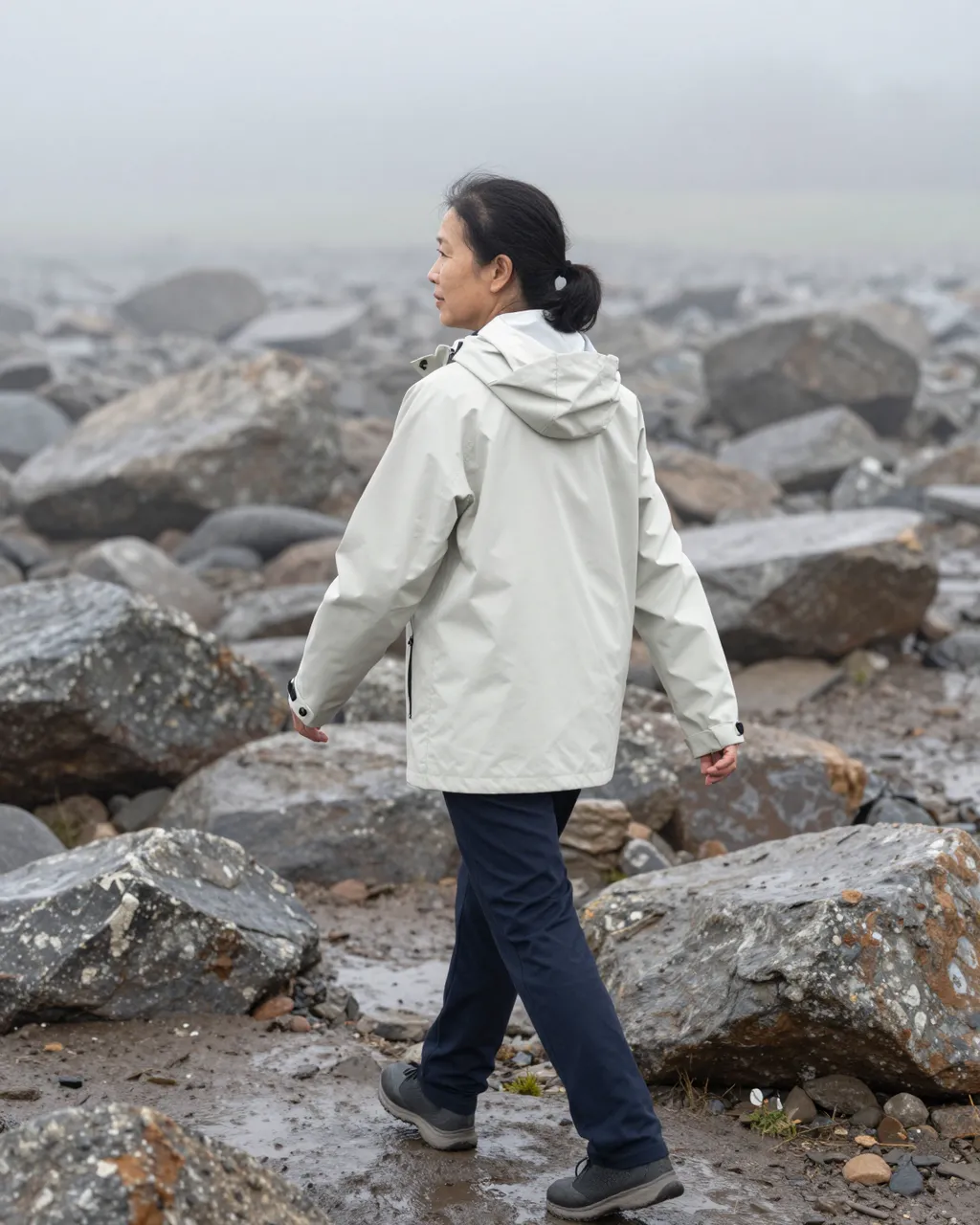 A middle aged East Asian woman walks across a wet boulder field in thick fog wearing a light rain jacket.