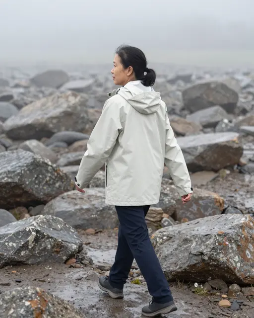 A middle aged East Asian woman walks across a wet boulder field in thick fog wearing a light rain jacket.