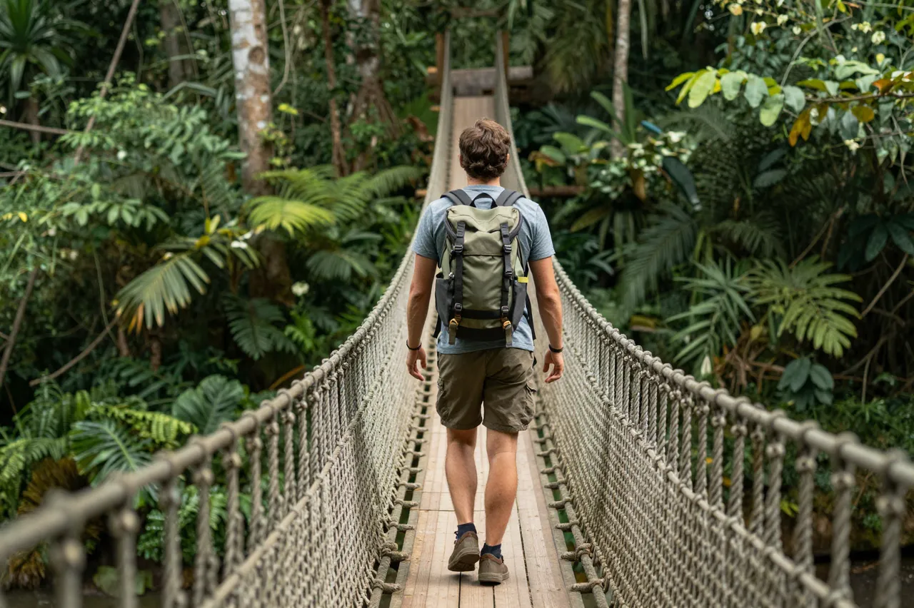 Back view of a male hiker with a backpack walking across a suspension rope bridge in dense tropical jungle
