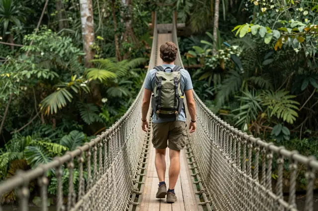 Back view of a male hiker with a backpack walking across a suspension rope bridge in dense tropical jungle