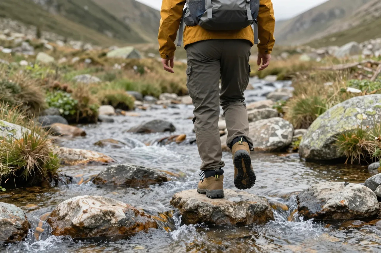 Rear view of a hiker with a backpack stepping across a mountain stream on rocks