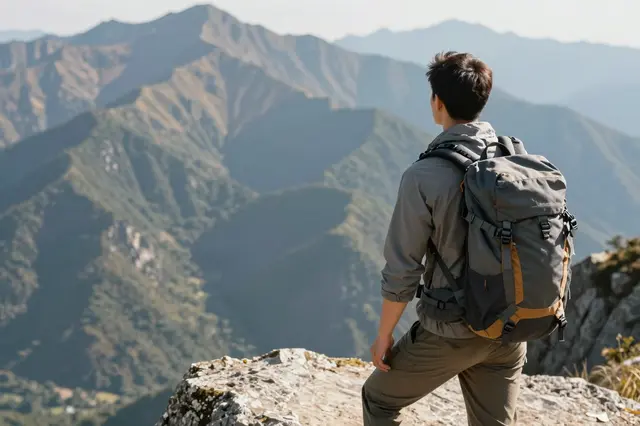 A hiker viewed from behind stands on a rocky cliff admiring layered sunlit mountain ranges.
