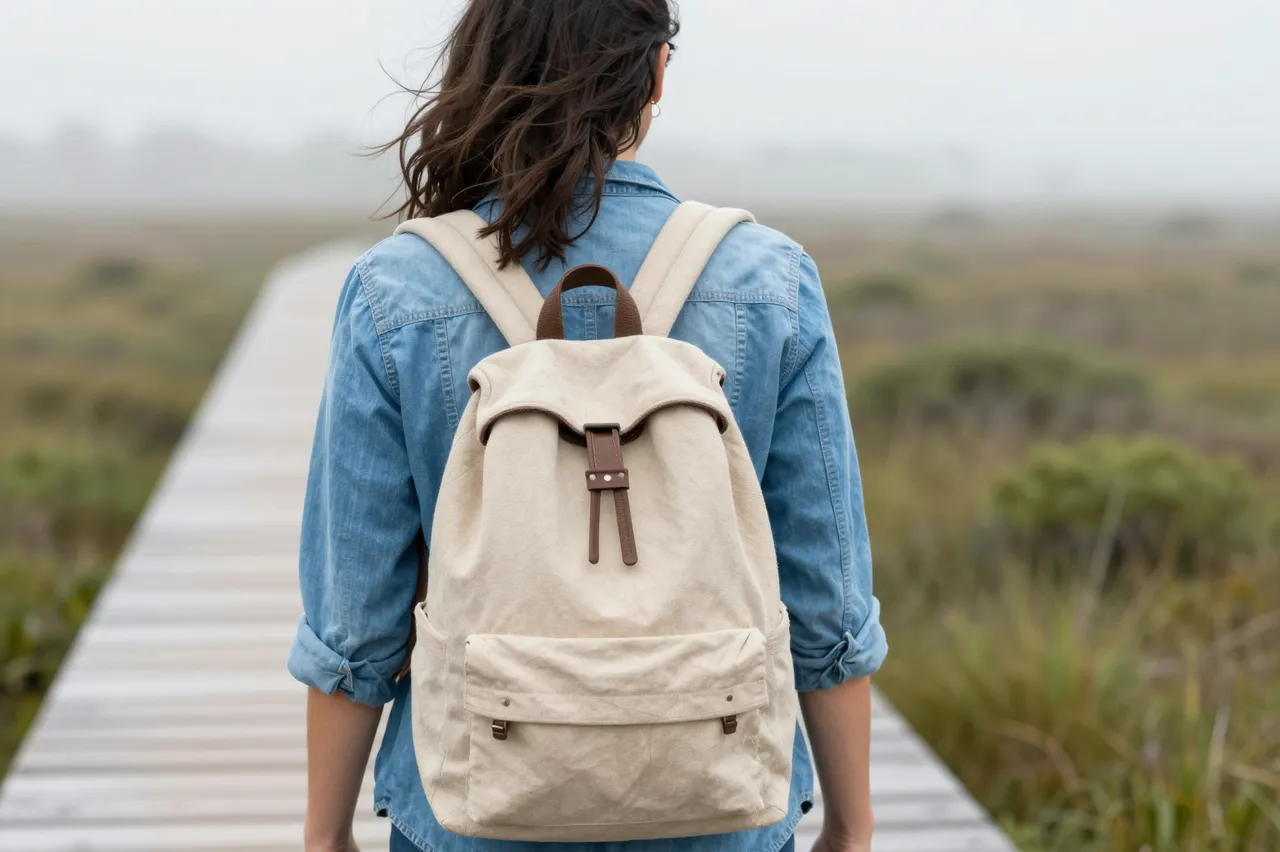 Back view of a woman in a blue denim shirt and canvas backpack walking along a wooden boardwalk through foggy wetland