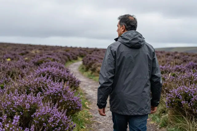 A senior South Asian man in a rain jacket stands on a moorland trail lined with purple heather under overcast skies