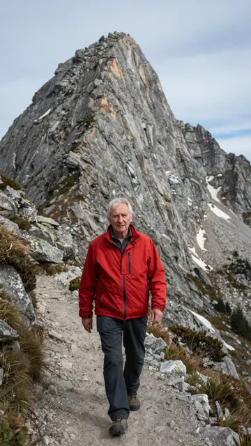 Older man in a red jacket walks along a rocky mountain trail beneath a jagged alpine peak.