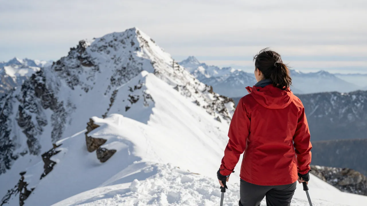A woman in a red jacket stands from behind holding trekking poles overlooking a snowy alpine peak