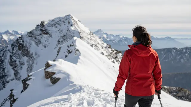 A woman in a red jacket stands from behind holding trekking poles overlooking a snowy alpine peak