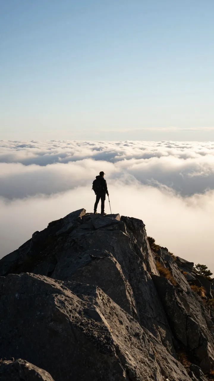 Silhouetted hiker stands on a rocky mountain peak overlooking a sea of clouds at dawn