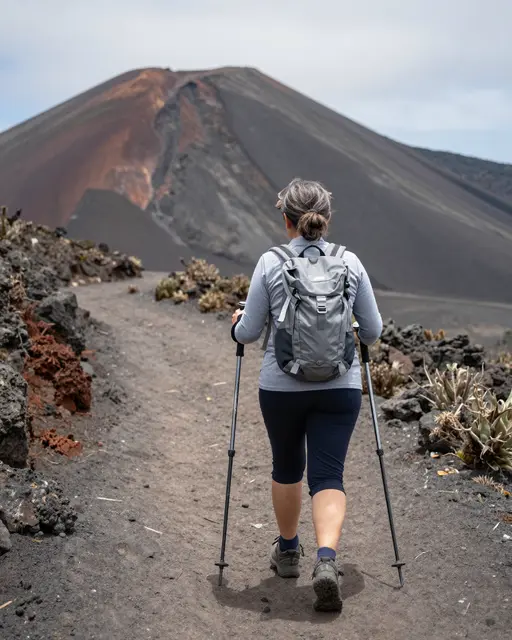 View from behind of a woman hiking with trekking poles toward a large volcano along a rocky trail
