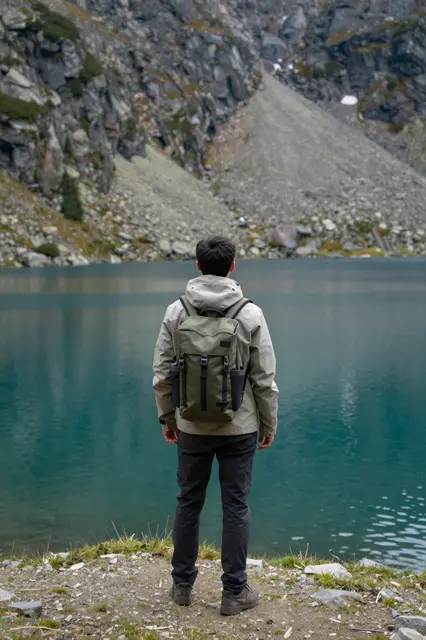 A traveler seen from behind stands at the edge of a turquoise mountain lake looking at rocky cliffs.