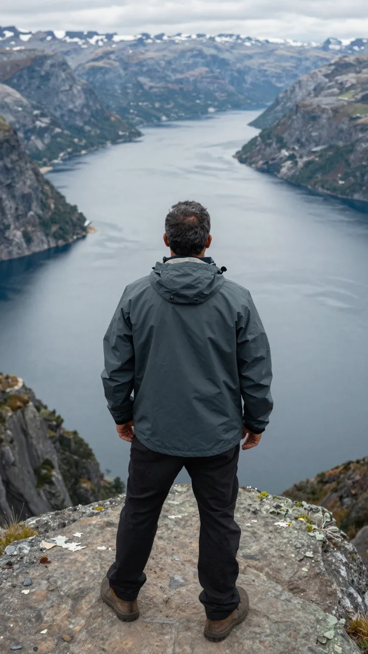Man viewed from behind standing on a rocky cliff top overlooking a wide glacial fjord