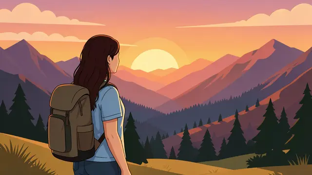 A faceless woman hiker with a backpack stands looking out over a forested mountain valley at sunrise