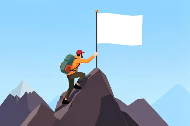 A hiker climbs to a mountain peak and reaches for a blank white summit flag under a clear blue sky.
