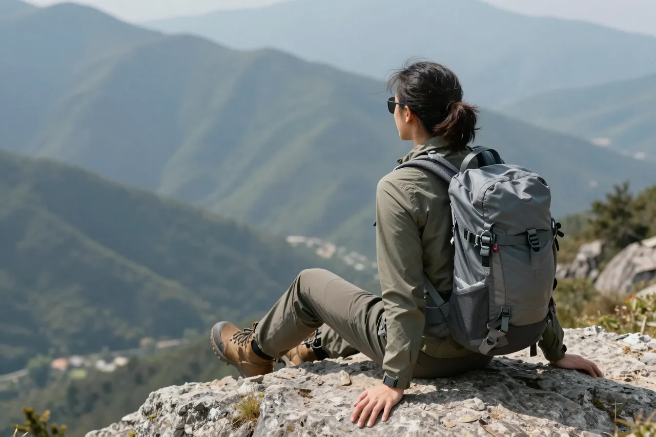 A hiker viewed from behind sits on a rocky ledge looking out over layered green mountain ranges