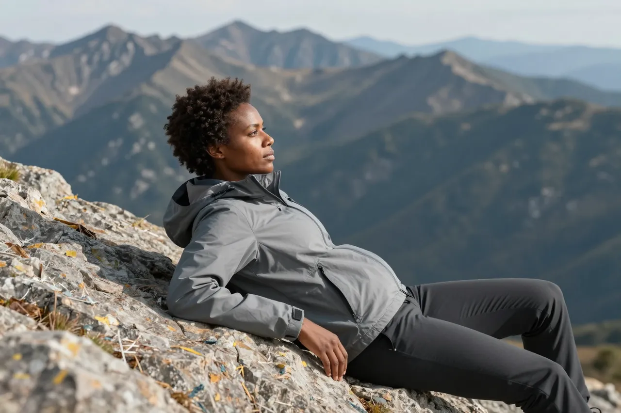 Black woman hiker in a gray jacket leans on summit rock looking out at distant mountain peaks