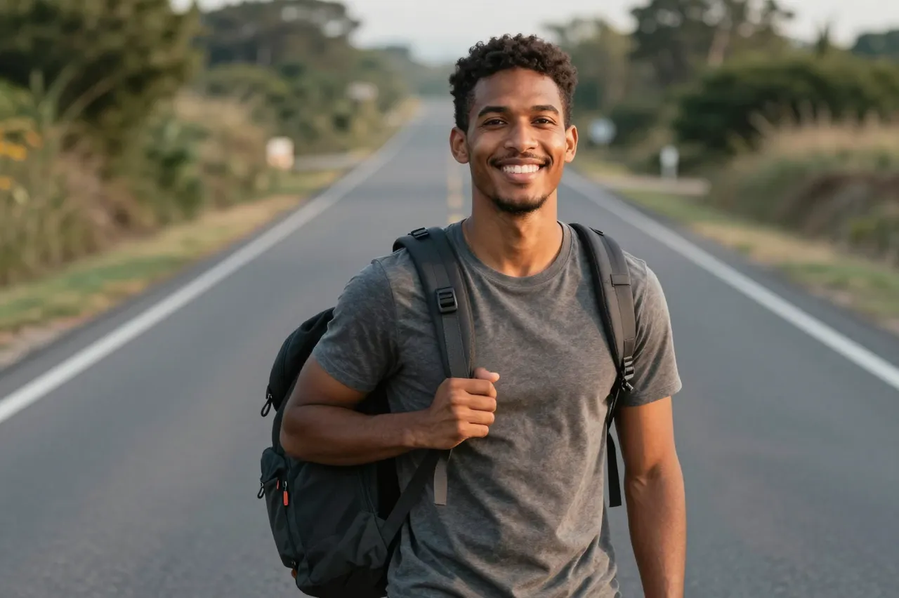 A mixed-race man in his late twenties with a backpack smiles while standing on a long paved country road at dawn.