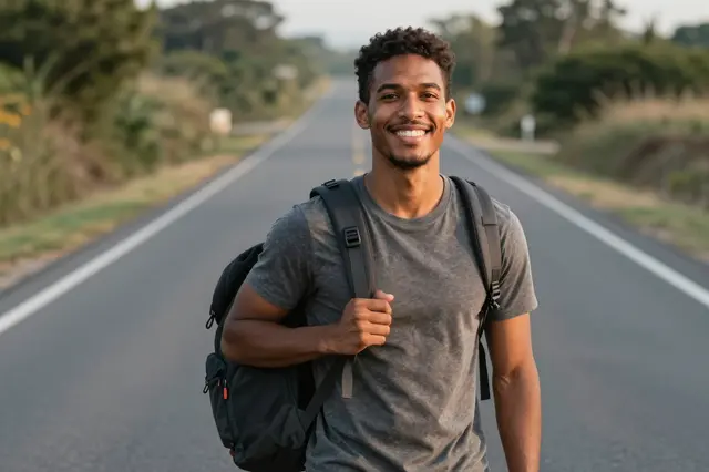 A mixed-race man in his late twenties with a backpack smiles while standing on a long paved country road at dawn.