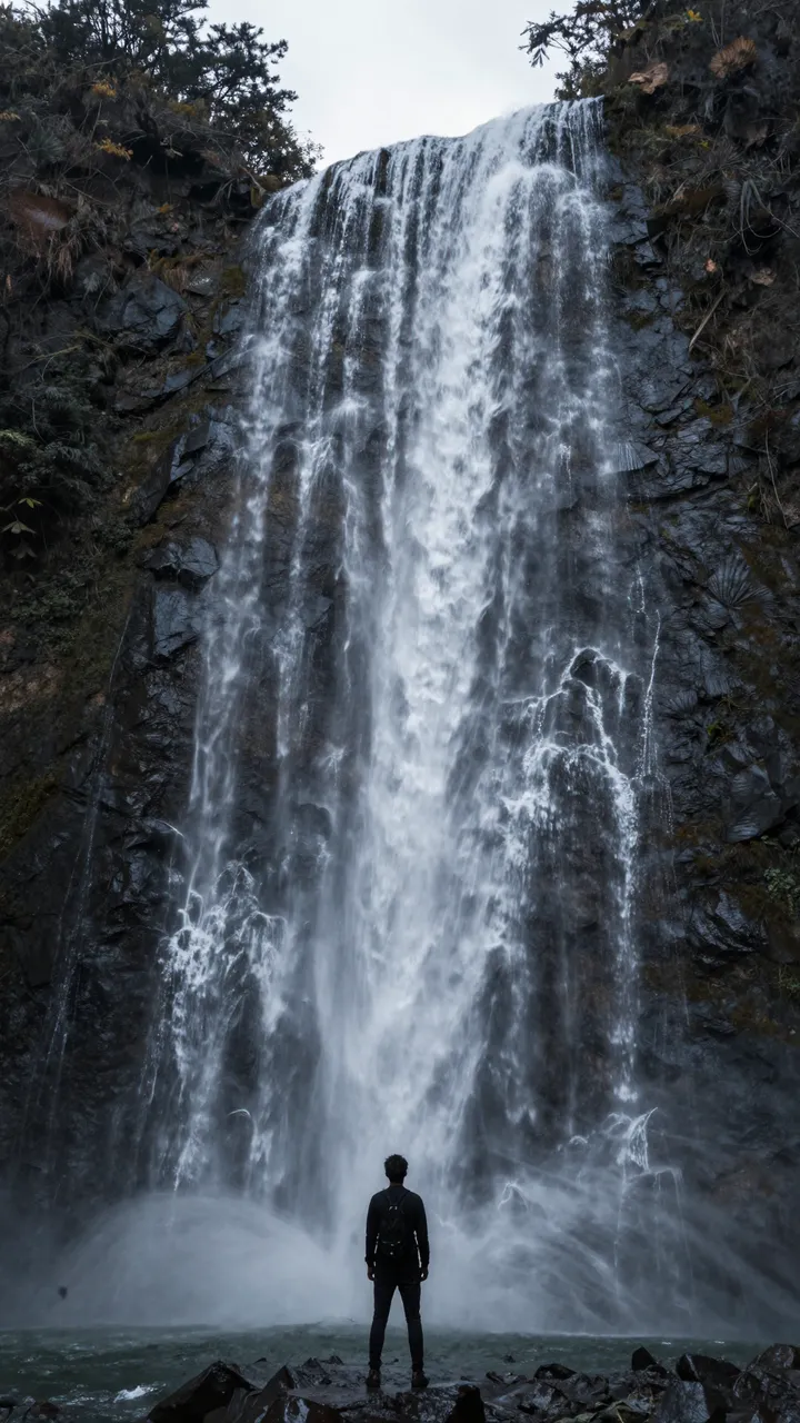 Silhouetted hiker stands on wet rocks at the base of a tall cascading ribbon waterfall