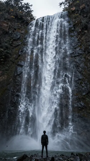 Silhouetted hiker stands on wet rocks at the base of a tall cascading ribbon waterfall