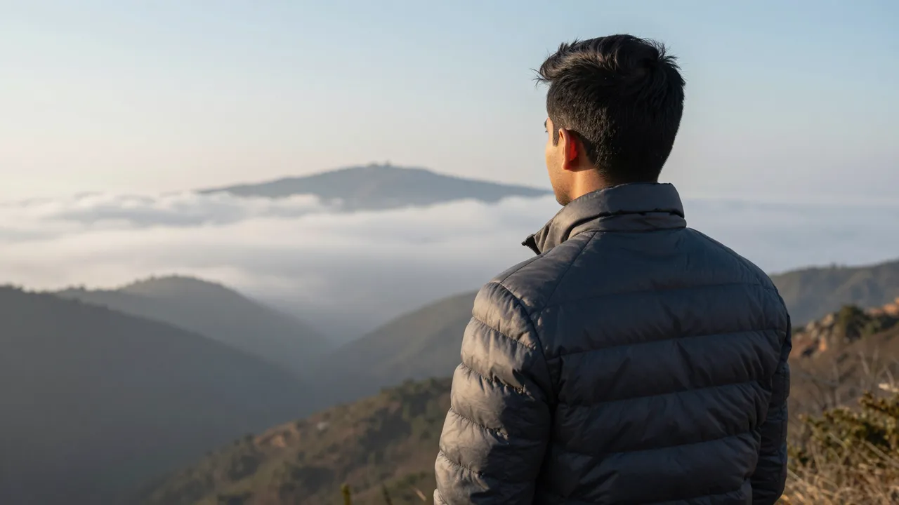 A South Asian man in a puffer jacket stands from behind looking at a dawn cloud inversion over mountain valleys