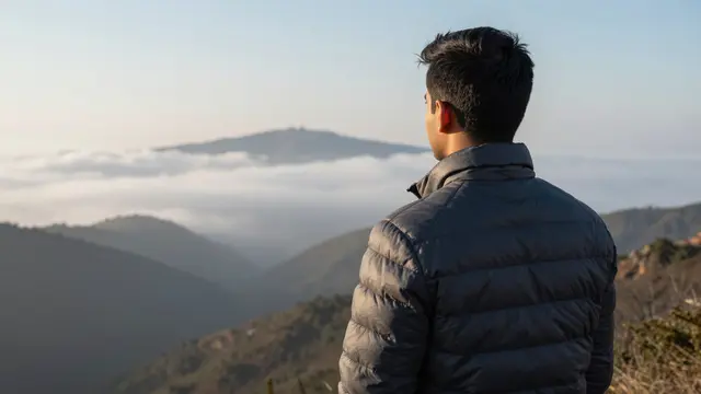 A South Asian man in a puffer jacket stands from behind looking at a dawn cloud inversion over mountain valleys