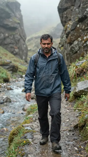 A South Asian man in a rain jacket hikes along a stream side path in a misty rocky gully